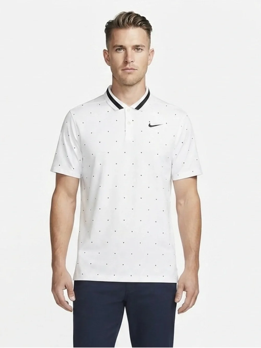 Nike Dri-Fit White Polo with Small Black Print and Contrast Collar